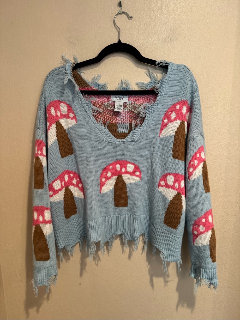 Just Polly Light Blue Cropped Distressed Knit Sweater with Mushrooms